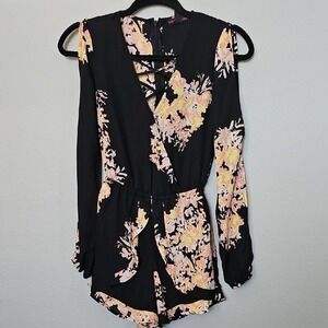 Material Girl Split Long Sleeve Vibrant Floral Criss Cross Chest Romper XXS